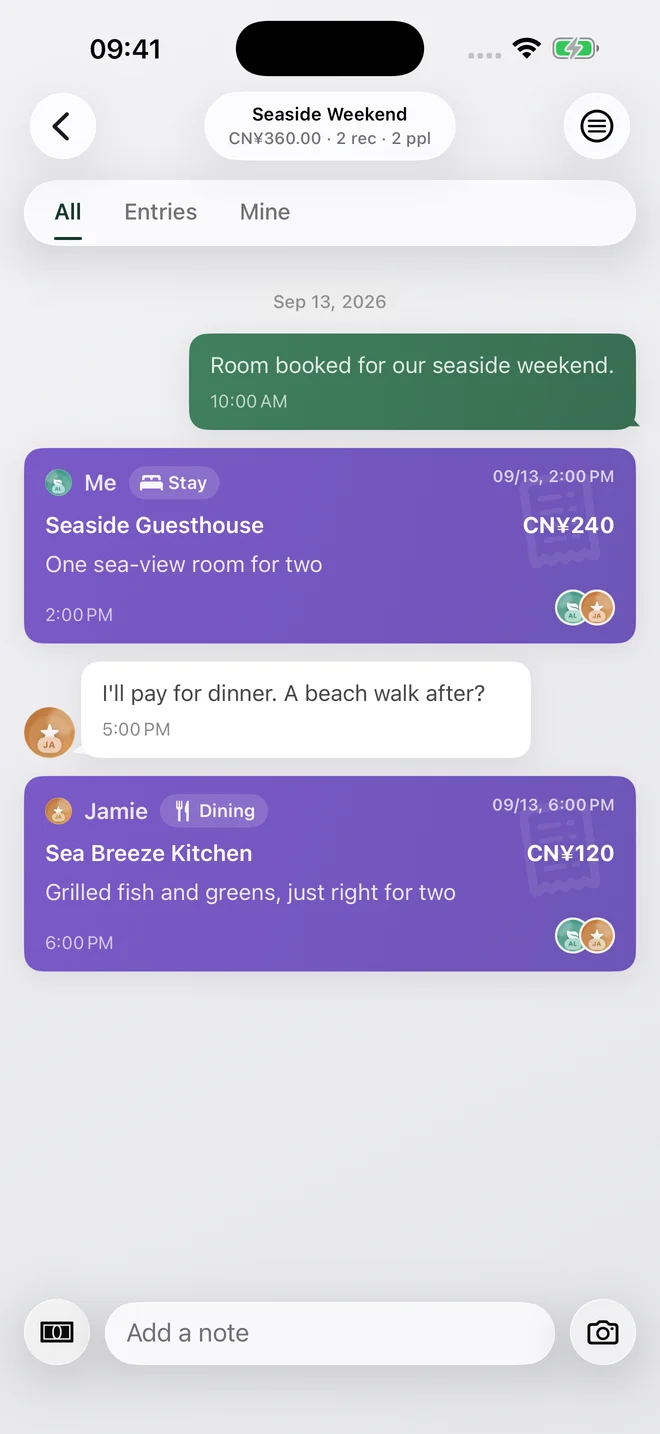 A shared seaside weekend ledger with accommodation, dinner and notes from two members.