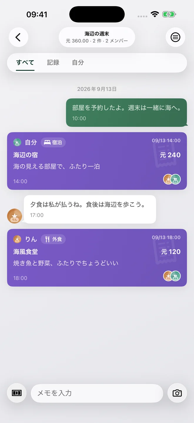 海辺で過ごす週末の共有家計簿。2人の宿泊費、夕食代、メモが並んでいます。